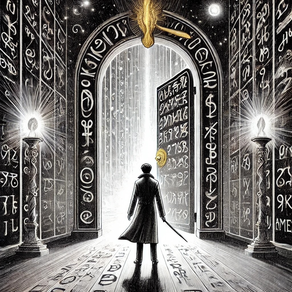 A black and white illustration of James Carter standing before a grand, ornate doorway covered in shifting runes and symbols. The door's handle is sha