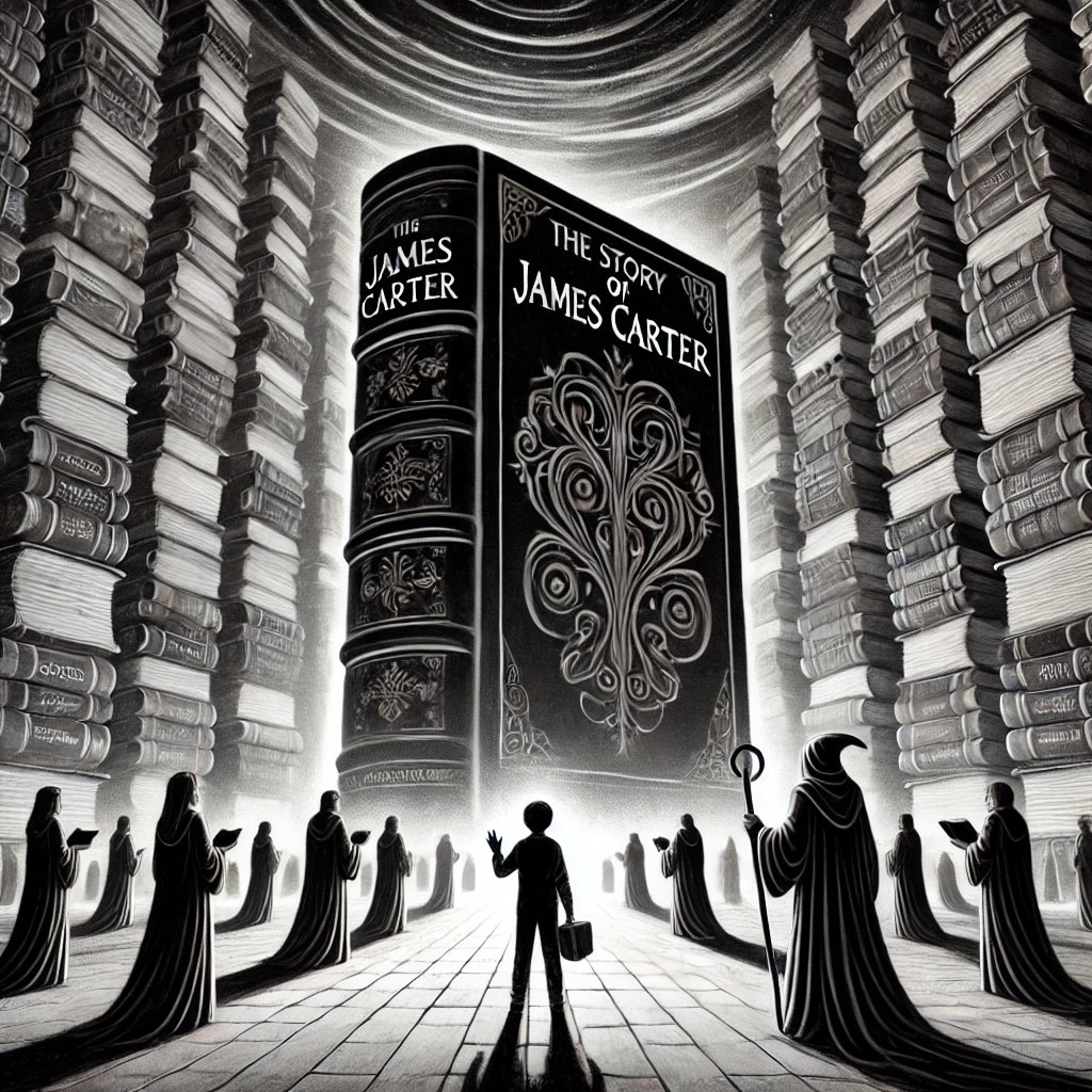 A black and white illustration of James Carter standing in a vast plaza where towering books form the buildings. The books’ covers shift with moving i