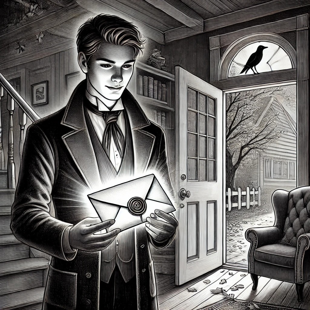 A black and white illustration of a young man, James Carter, standing in the doorway of his suburban home, holding an elegant envelope with a wax seal